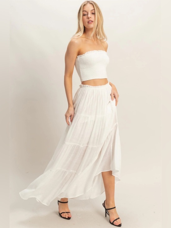 NEW HYFVE White Smocked Tube Top & Tiered Maxi Skirt Set Size Small